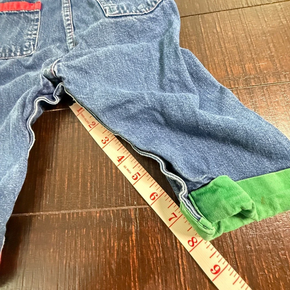 OshKosh B'gosh Overalls Kids 18M Blue Red Green Denim Vintage USA Bear Patch Fat